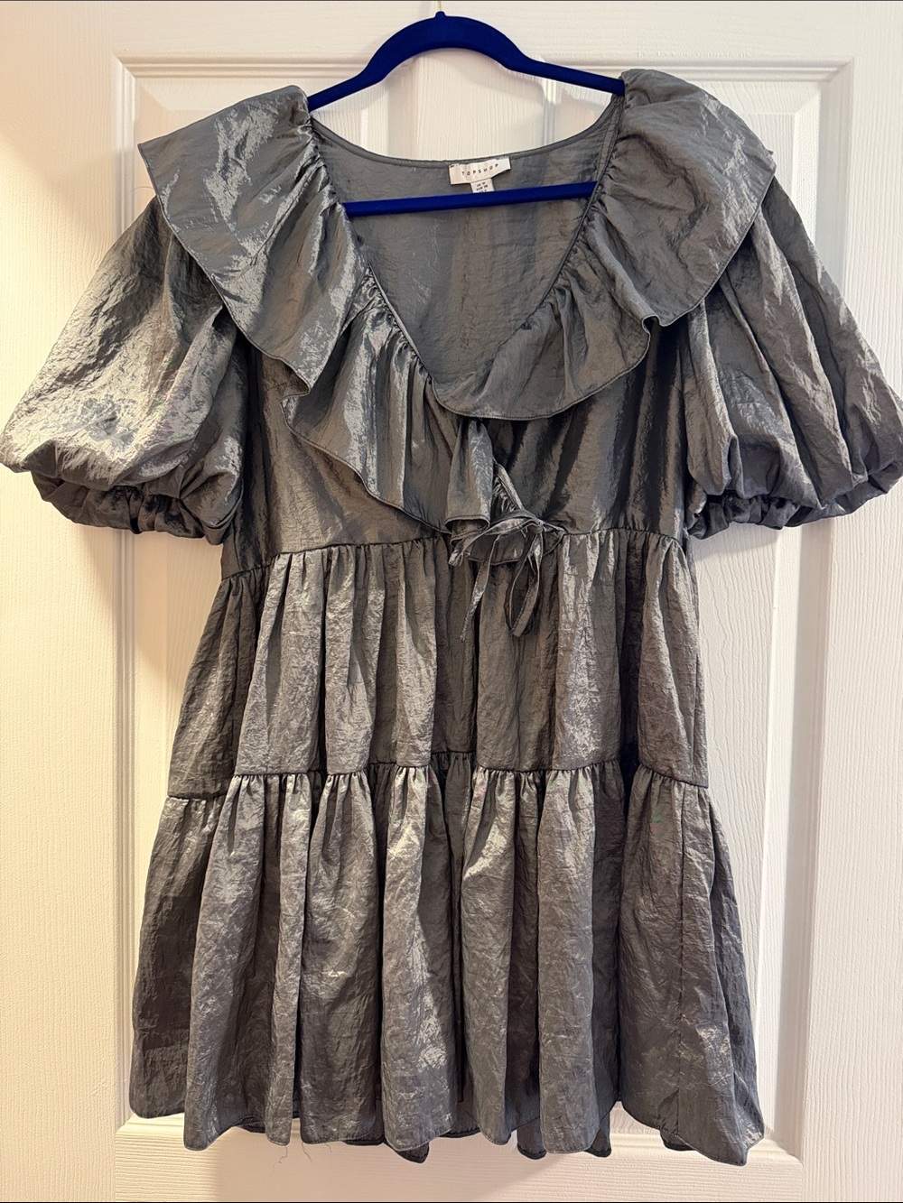 Topshop Satin Gray Dress with Subtle Sheen puffy sleeves size 6
